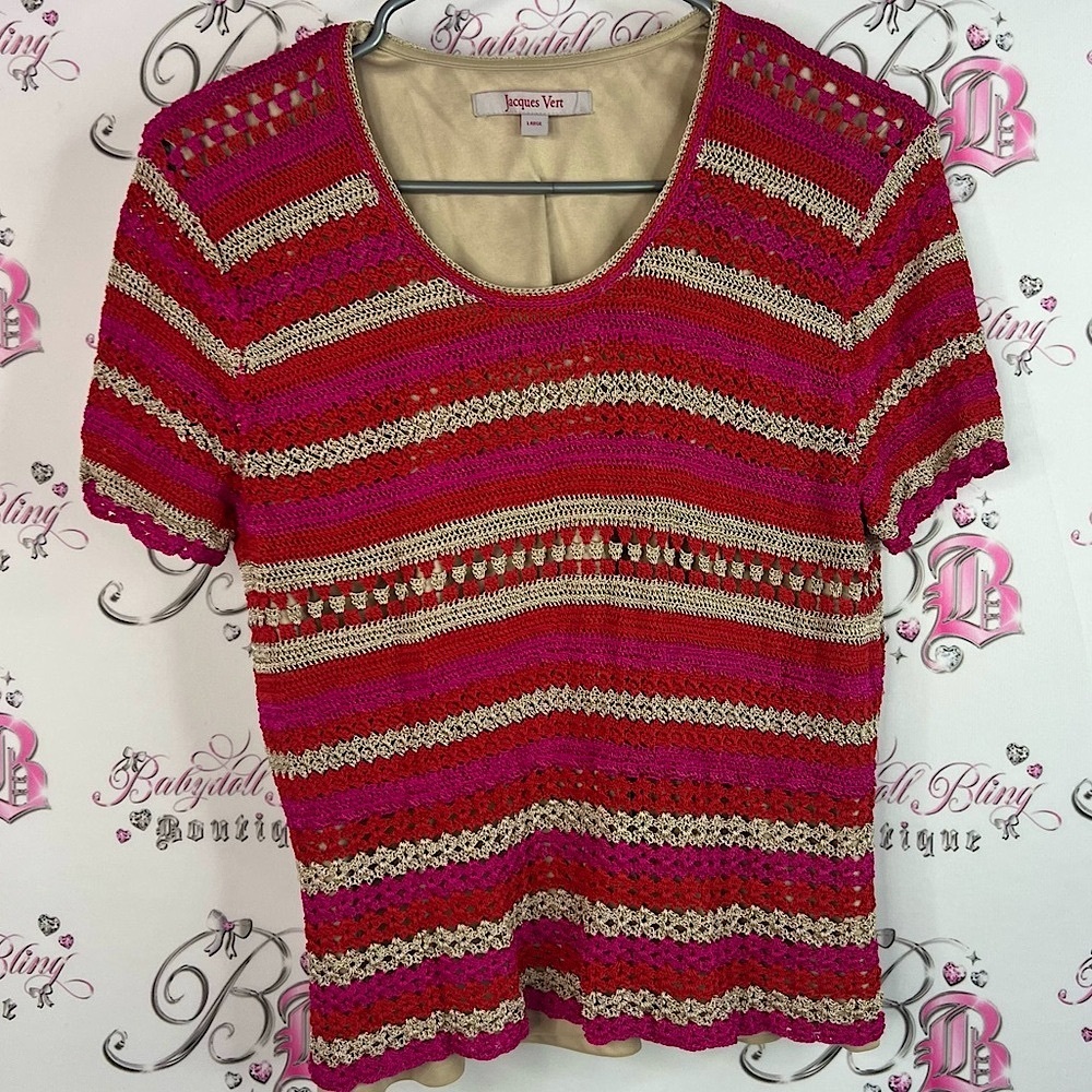 Jacques vert crochet tshirt Beautiful Vivid Pink and Cream Striped Knit Blouse